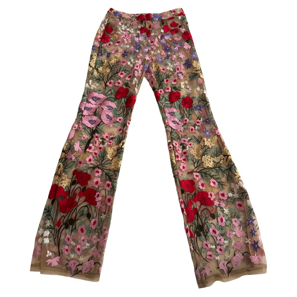 Fashion Nova Erin Nude Sheer Boot Cut Pants with Multicolor Floral Embroidery - Picture 5 of 7